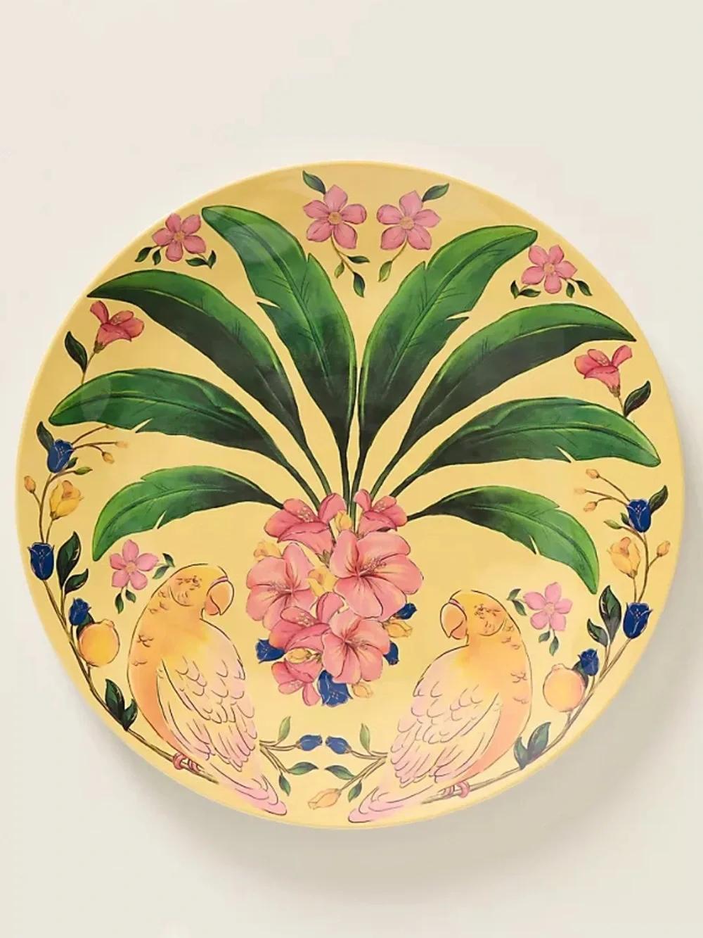Farm Rio x Anthropologie Melamine Dinner Plate Yellow Tropical Parrots Hibiscus